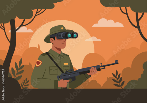 A ranger utilizes VR technology to combat poaching in a lush forest setting. Focused composition, vibrant colors, and a sense of protection.