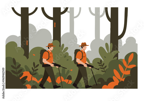 Two rangers hike through a forest, observing wildlife. A vibrant, stylized illustration evokes adventure and nature exploration. Perfect for outdoor, travel, and conservation themes.