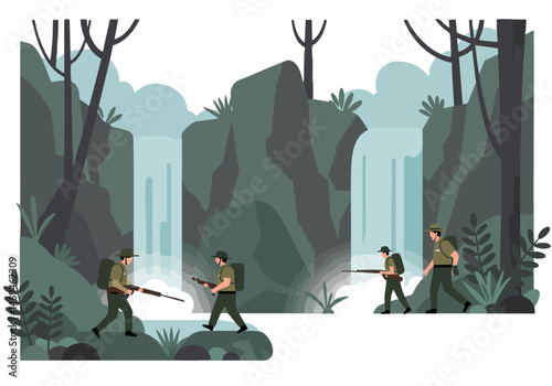 Wildlife rangers patrol a lush forest with a waterfall. They carry rifles, observing the natural landscape. A strong, visually appealing scene.