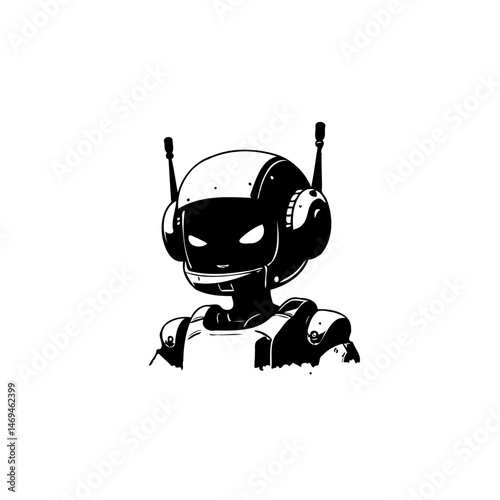 Monochrome portrayal of an enigmatic futuristic robotic entity on white backdrop