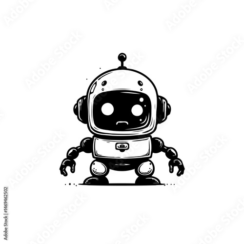 Monochrome rendering of a fanciful robot character with rounded body parts