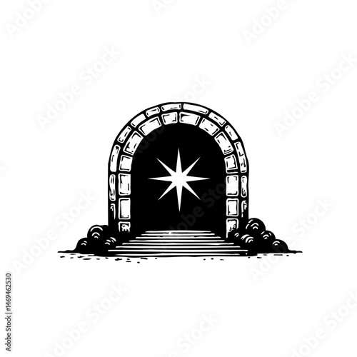 Monochromatic passage with star, arched portal illustration, mystical scene imagery