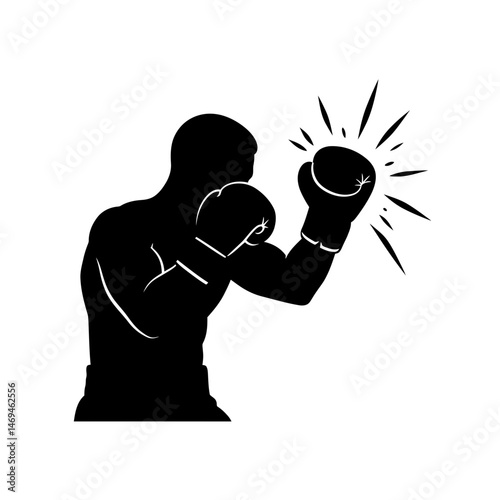 Vigilant Boxer Silhouette Using a High Guard With Gloves Raised to Block a Punch Attack