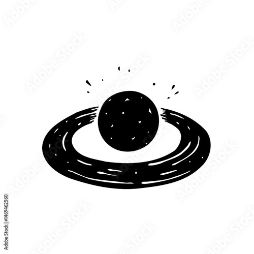 Stylized depiction of a celestial body encircled by an abstract orbital ring