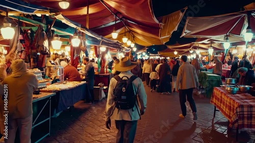 Tourist walking through djemaa el-fna market in marrakech at night