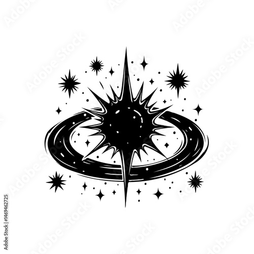 Abstract cosmic depiction showcasing celestial body encircled by stellar fragments