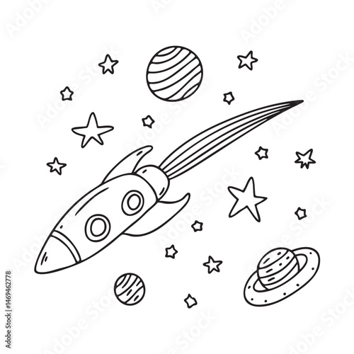 A spaceship flying near stars, planets and tailed comet