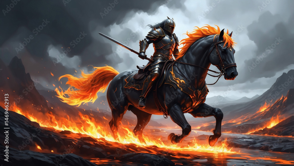 An armored knight rides a fiery horse through a blazing landscape with sword in hand, ready for combat. An armored knight rides a fiery horse through a blazing landscape with sword in hand, ready for combat.