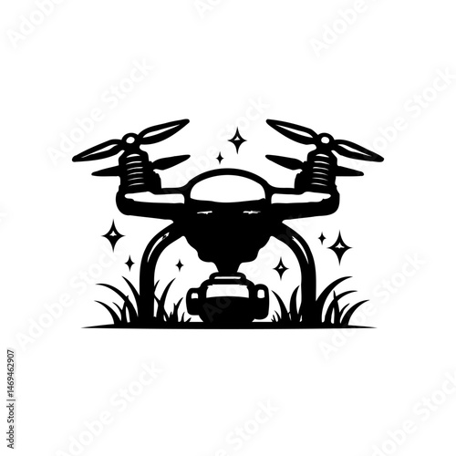 Monochrome Drone Graphic with Camera Over Lush Ground, Silhouette Design