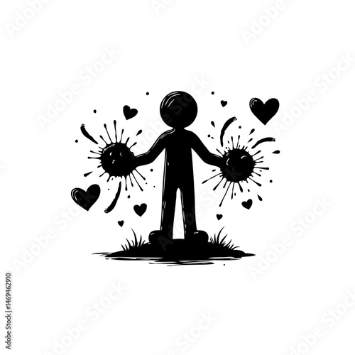 Silhouette of a Person Holding Spiky Orbs Amidst Hearts and Splatters