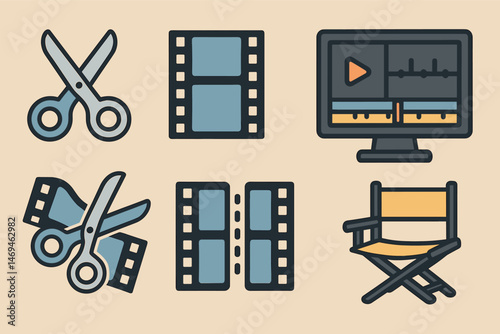 Video production linear icons set – edit, film, movie and multimedia symbols