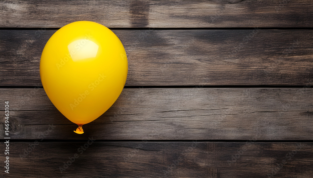 Popped yellow balloon on wooden background, top view with space for text