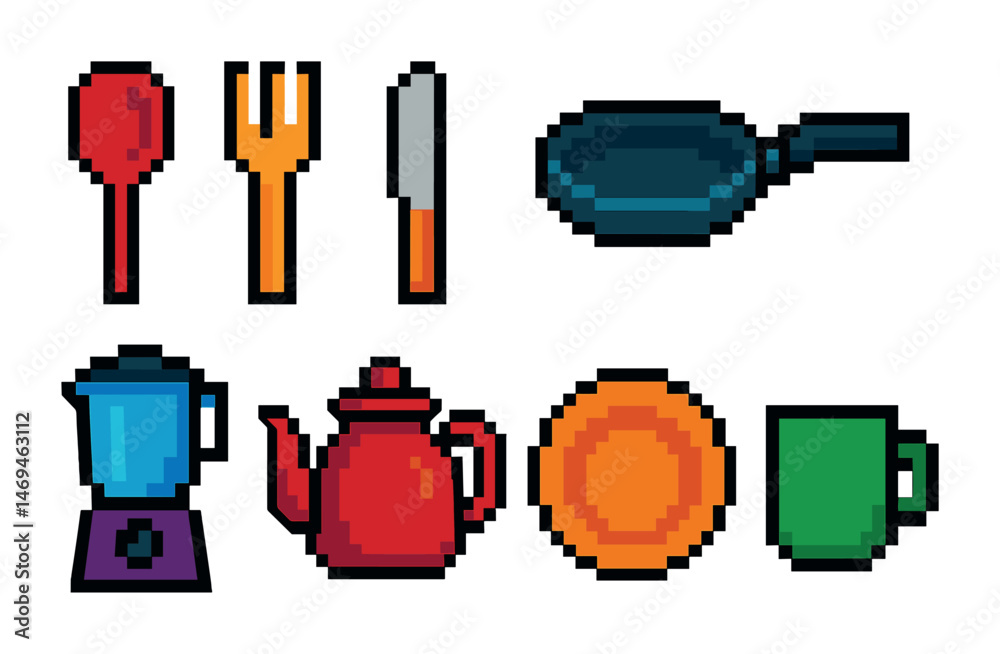 Kitchen essentials pixel art icons set – utensils, cookware, colorful kitchen tools Kitchen essentials pixel art icons set – utensils, cookware, colorful kitchen tools