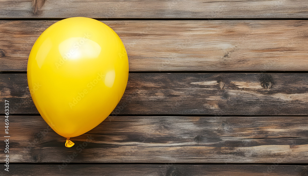 Popped yellow balloon on wooden background, top view with space for text