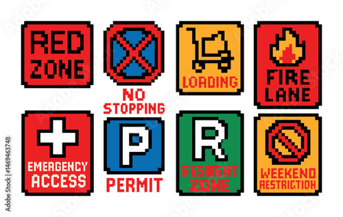Traffic signs pixel art icons set – retro, gaming, warning and directional symbols