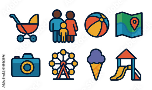 Family and recreation icons set – flat, vibrant, activity symbols for fun moments