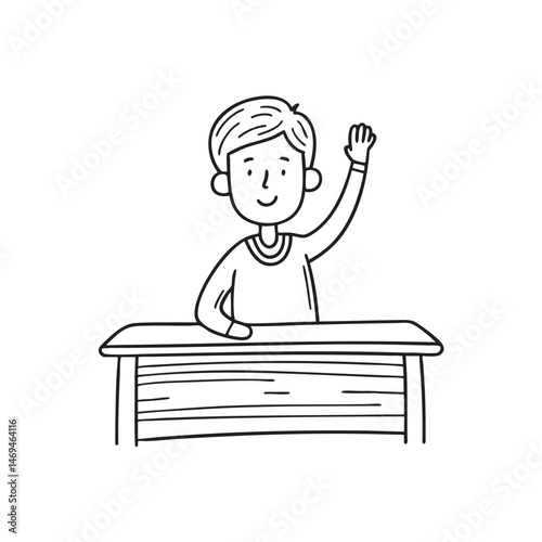A student raising a hand in a classroom