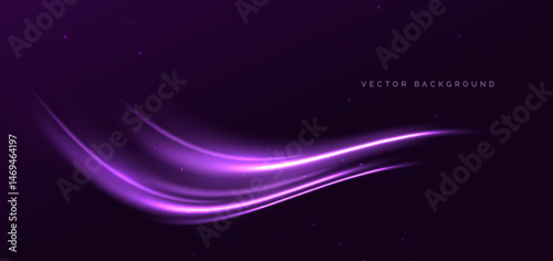 Futuristic glowing purple curved rays with speed motion moving on dark purple background.