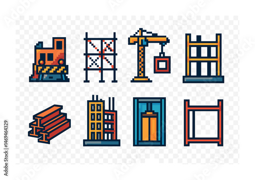 Construction tools pixel art icons set – machinery, equipment, building symbols