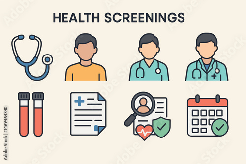 Health screening icons set – flat, filled, medical and diagnostic symbols
