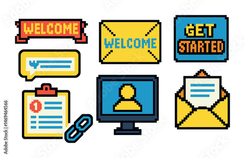 Pixel art icons for communication and onboarding design projects