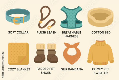 Pet accessories flat icons set – soft collar, plush leash, cozy blanket symbols
