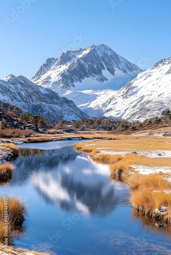 Snow-capped mountains reflected in a calm, icy lake