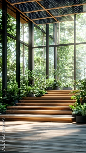 Sunlit wooden staircase nestled in a lush, green indoor garden with large windows