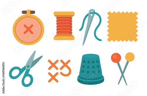 Sewing and craft flat icons set – tools, needlework, textile art symbols
