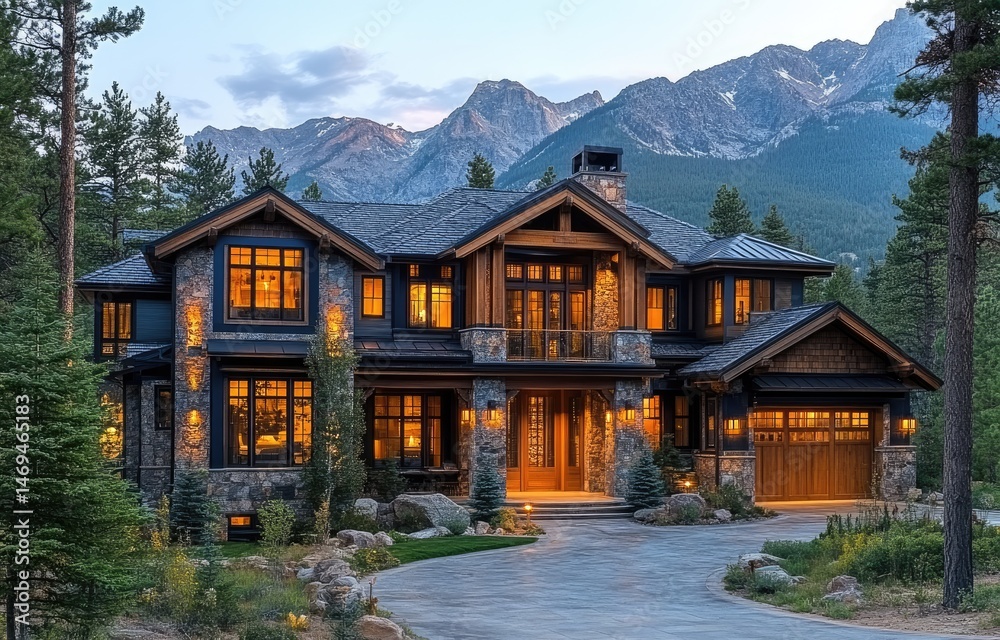 Naklejka premium Mountaintop log home, warm evening glow