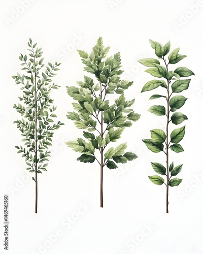 Three stylized green plant sprigs, watercolor style