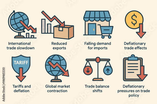 Economic and trade flat icons set – outline, global market, commerce symbols