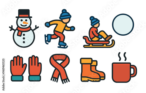 Winter activities flat icons set – seasonal, outdoor and holiday symbols
