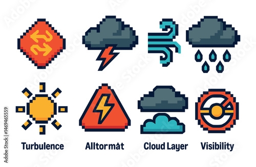 Aviation and weather pixel art icons set – turbulence, clouds, flight safety symbols