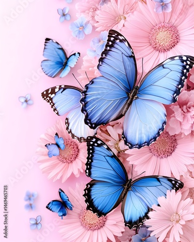 Vibrant blue butterflies flutter amongst pink flowers on a soft pink background