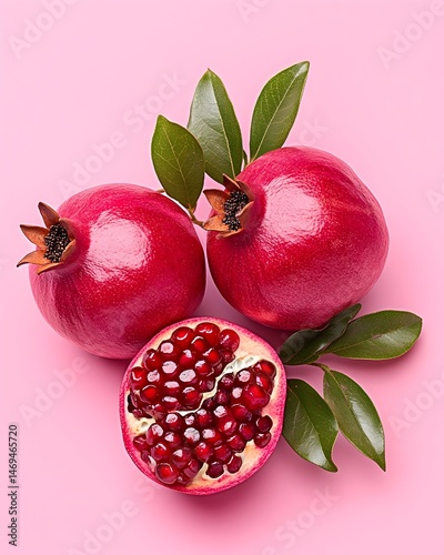 Two whole pomegranates and a halved pomegranate with red seeds, arranged on a pink background with green leaves