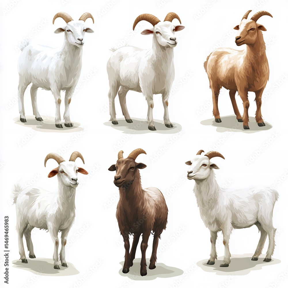 Fototapeta premium Six Adorable Goats Collection Farm Animals White Brown Realistic Illustration pet art cute image