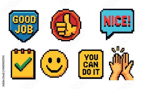 Motivation and encouragement pixel art icons set – retro, positive, reward symbols