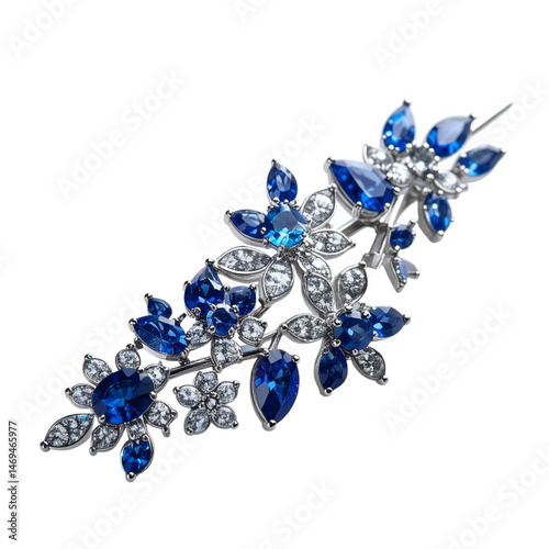 Elegant Sapphire Embellishment: An exquisite brooch, adorned with dazzling blue sapphire gemstones, meticulously arranged to emulate delicate floral artistry.