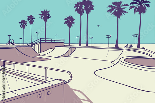 31 a skatepark with smooth concrete bowls and ramps, palm trees and blue sky, serene and inviting atmosphere, wide open layout, urban landscape, contemporary architecture, bright and sunny, calm and p