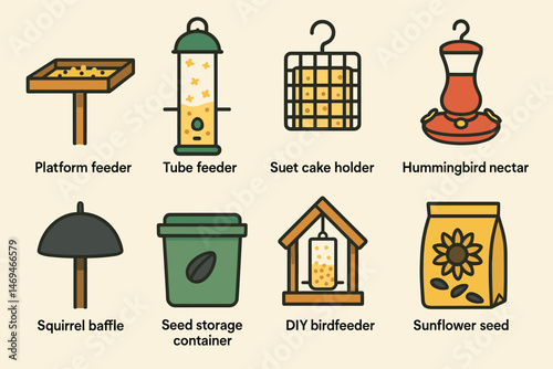 Wildlife and bird feeding outline icons set – flat, silhouette, nature and garden tools