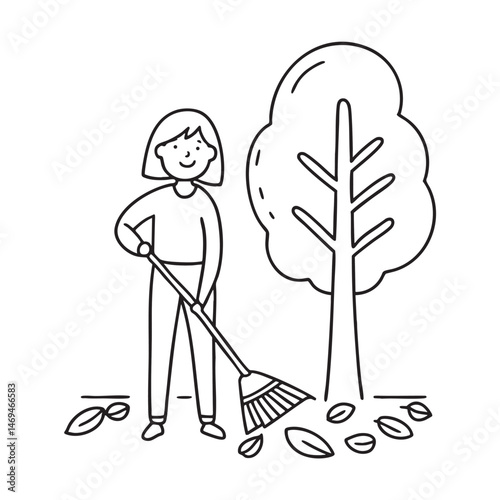 A woman sweeping fallen leaves under the tree in the backyard