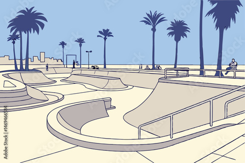31 a skatepark with smooth concrete bowls and ramps, palm trees and blue sky, serene and inviting atmosphere, wide open layout, urban landscape, contemporary architecture, bright and sunny, calm and p