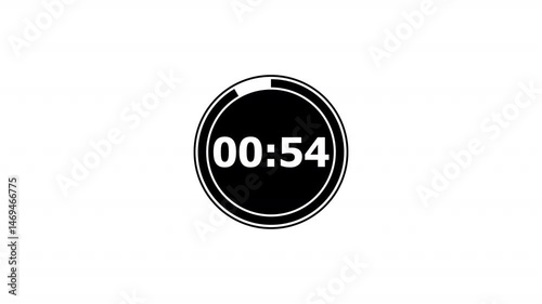 One minute countdown timer animation from 60 to 0 on a transparent background, 60 seconds countdown timer with alpha channel, 1 minute circle countdown.