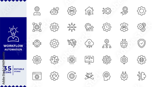 Pixel Perfect Workflow Automation Line Editable Icons set. Vector illustration in modern thin line style of technologies related icons: robotic, productivity, Machine learning, digital AI technology,