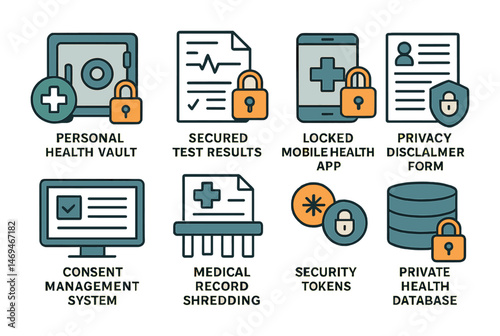 Healthcare security icons set – flat, outline, privacy and data protection symbols