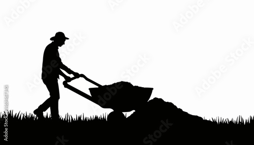 Silhouette of farmer plowing field with wheelbarrow, hard work