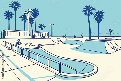31 a skatepark with smooth concrete bowls and ramps, palm trees and blue sky, serene and inviting atmosphere, wide open layout, urban landscape, contemporary architecture, bright and sunny, calm and p