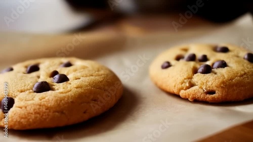 Freshly Baked Chocolate Chip Cookie on Parchment Paper Close Up