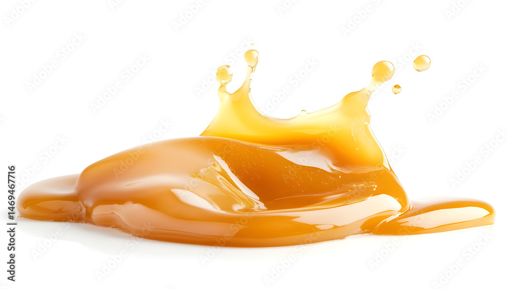Caramel sauce splash isolated on white background, liquid syrup splash, caramel sugar candy or melted caramel